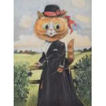 In the manner of Louis Wain novelty portrait of a cat dressed ready to go riding, with crop in her