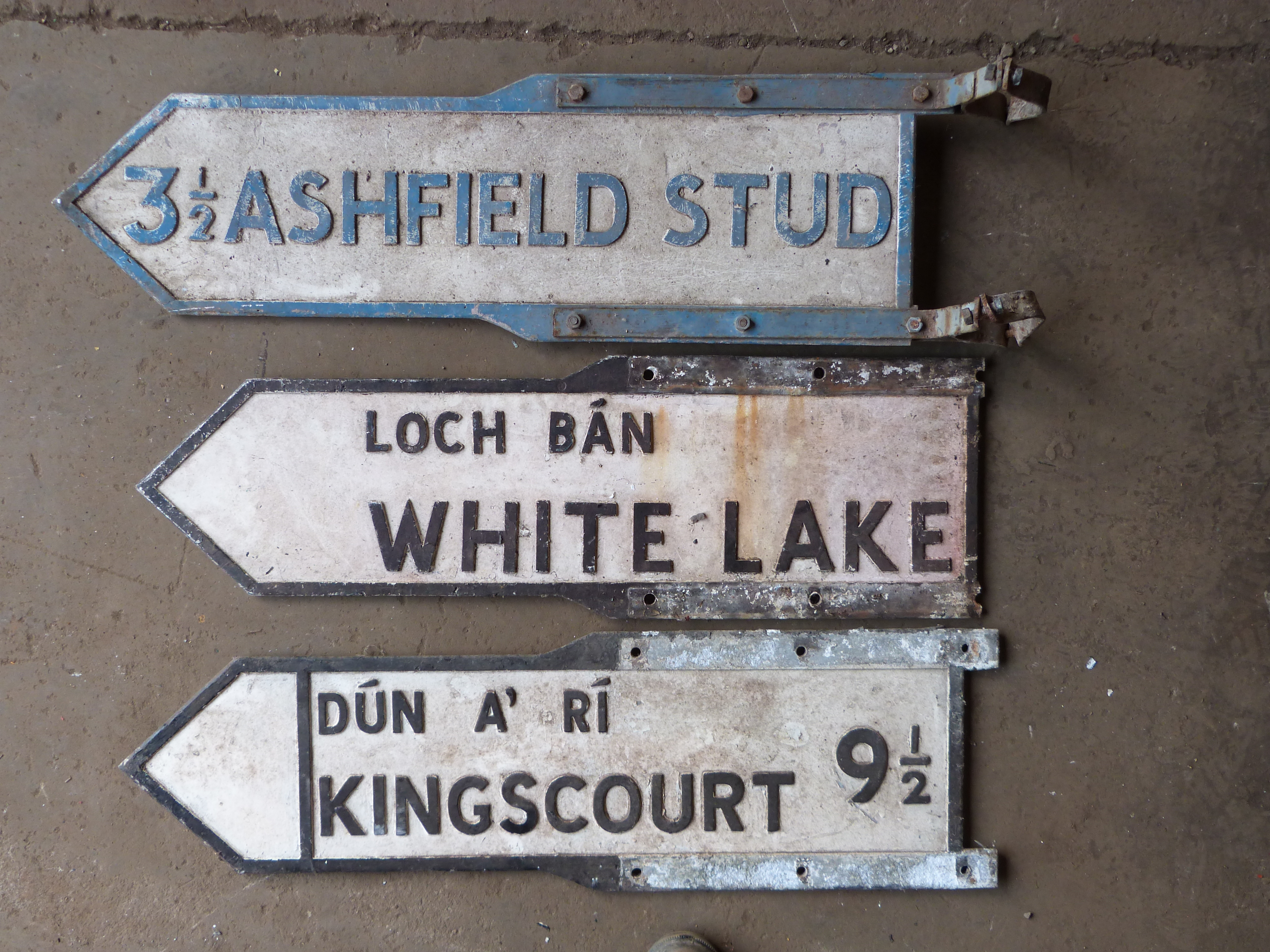 Three vintage Irish double sided cast aluminium road signs comprising Loch Ban White Lake, - Image 2 of 2
