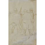 Randolph Caldecott (1846-1886) pen and ink sketch three men standing by the rear end of a cow,