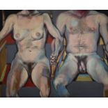 20thC oil on canvas of a seated, torso study of a nude couple holding hands, unsigned, 137 x 168cm