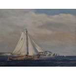 P Ladbrook oil on board of a sailing boat off the Needles, Isle of Wight, signed and dated 74