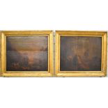 Pair of Old Master or naive style oils on panel, fishermen tidying their nets and boats and