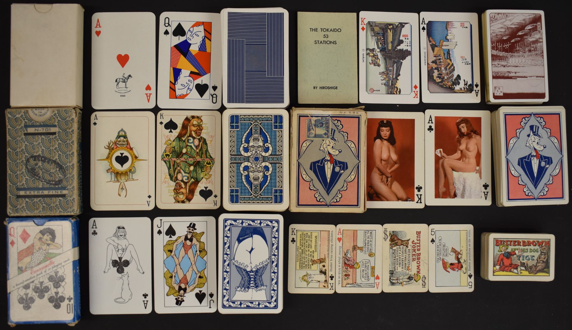 Six packs of playing cards to comprising Buster Brown and his dog Tige, Tokaido stations, Russian