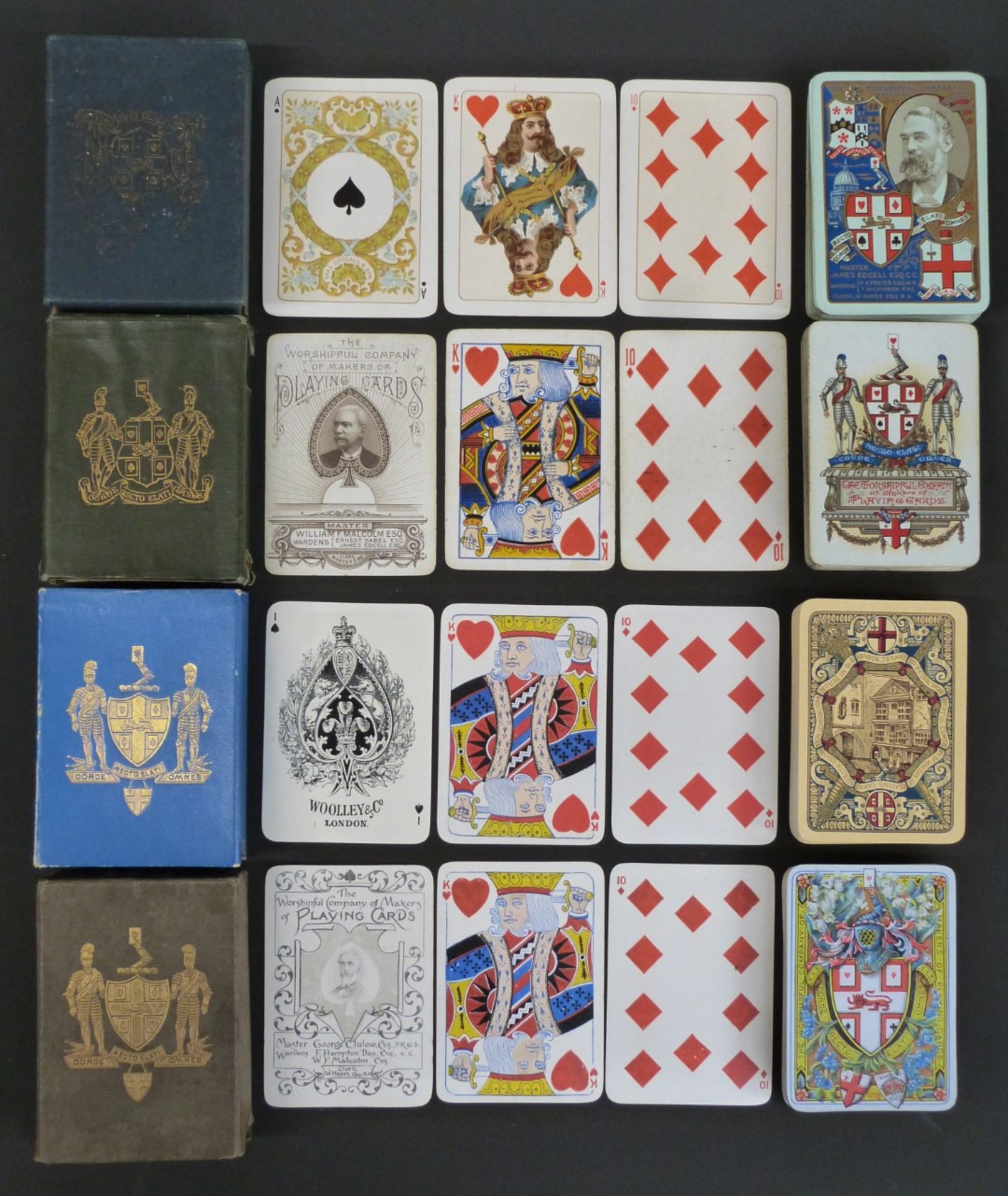 Four packs of Worshipful Company of Makers of Playing Cards playing cards, comprising 1884 by