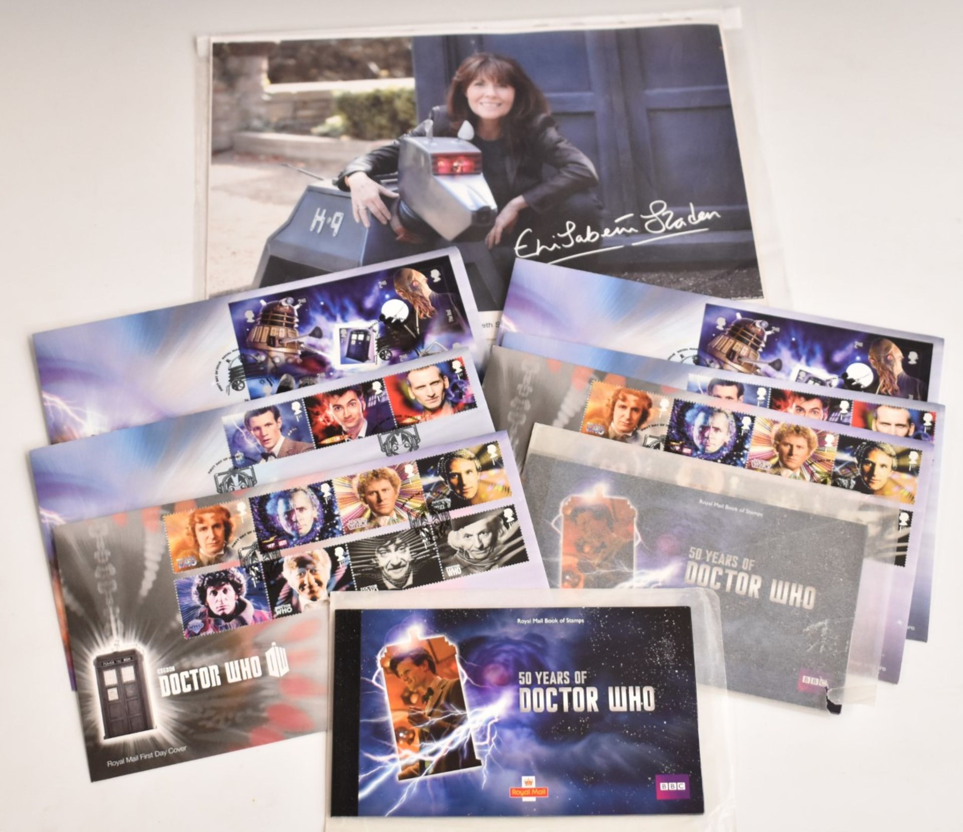 A small selection of Dr Who ephemera comprising an Elizabeth Sladen signed photograph, 50 years of