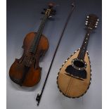 A 19thC violin with single piece 35.7cm flame back and purfling to table, with case and bow,