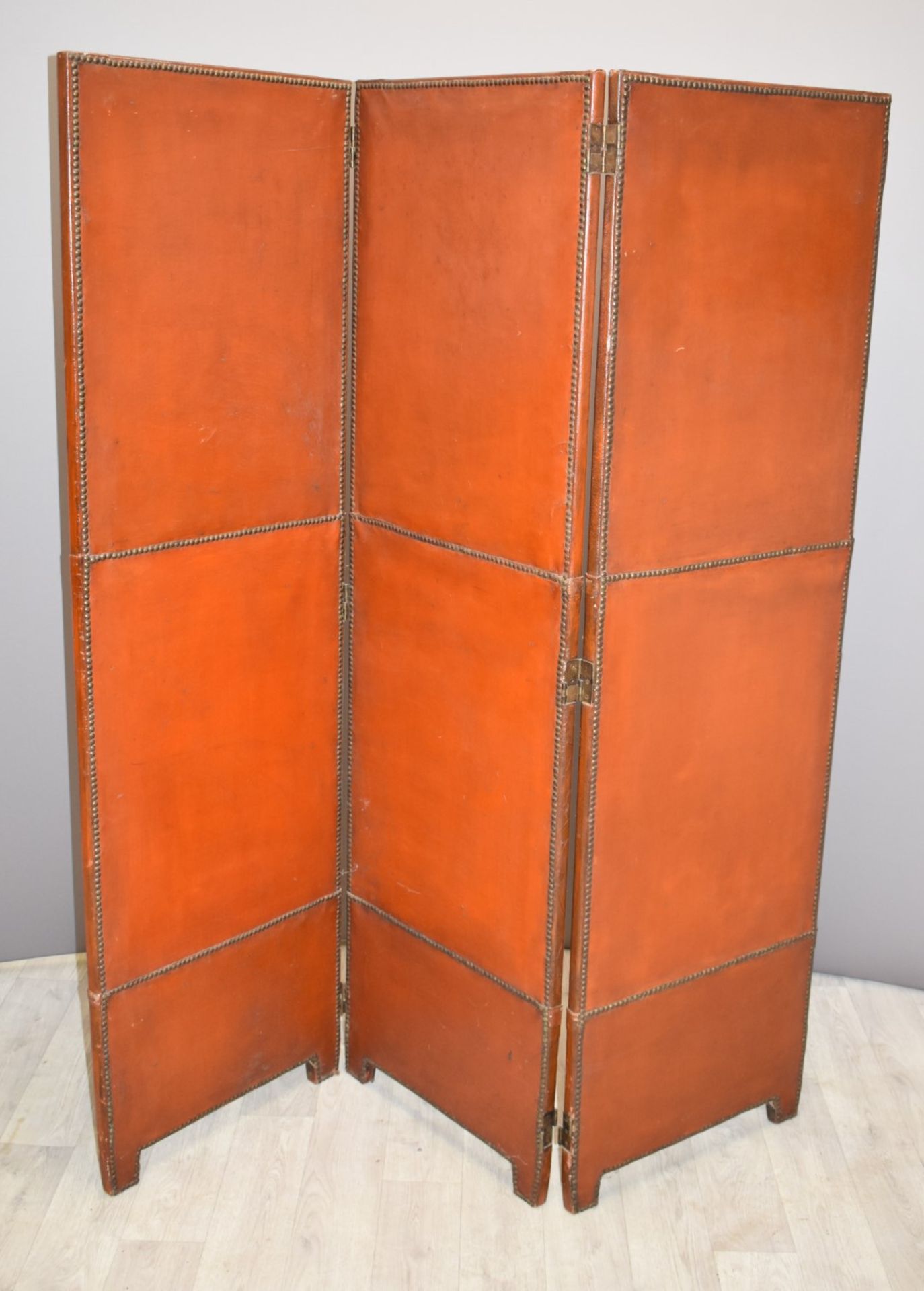 An oriental embossed three fold screen with studwork decoration, probably early 20thC, W145 x - Image 3 of 3