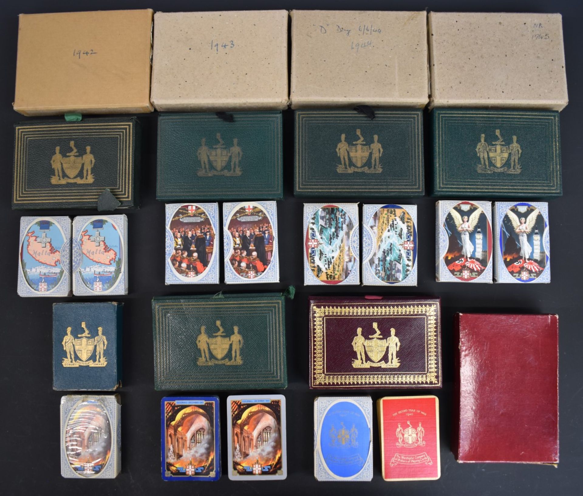 Thirteen packs of WW2 interest Worshipful Company of Makers of Playing Cards playing cards,