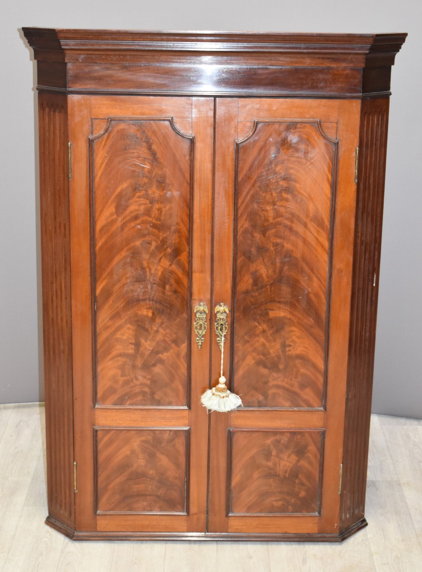 19thC panelled mahogany corner cupboard, W85 x H122cm