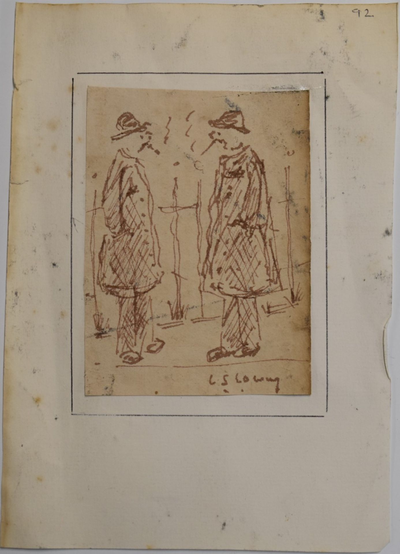 Laurence Stephen Lowry (1887-1976) pen and ink sketch two men smoking in front of railings, signed - Image 3 of 5