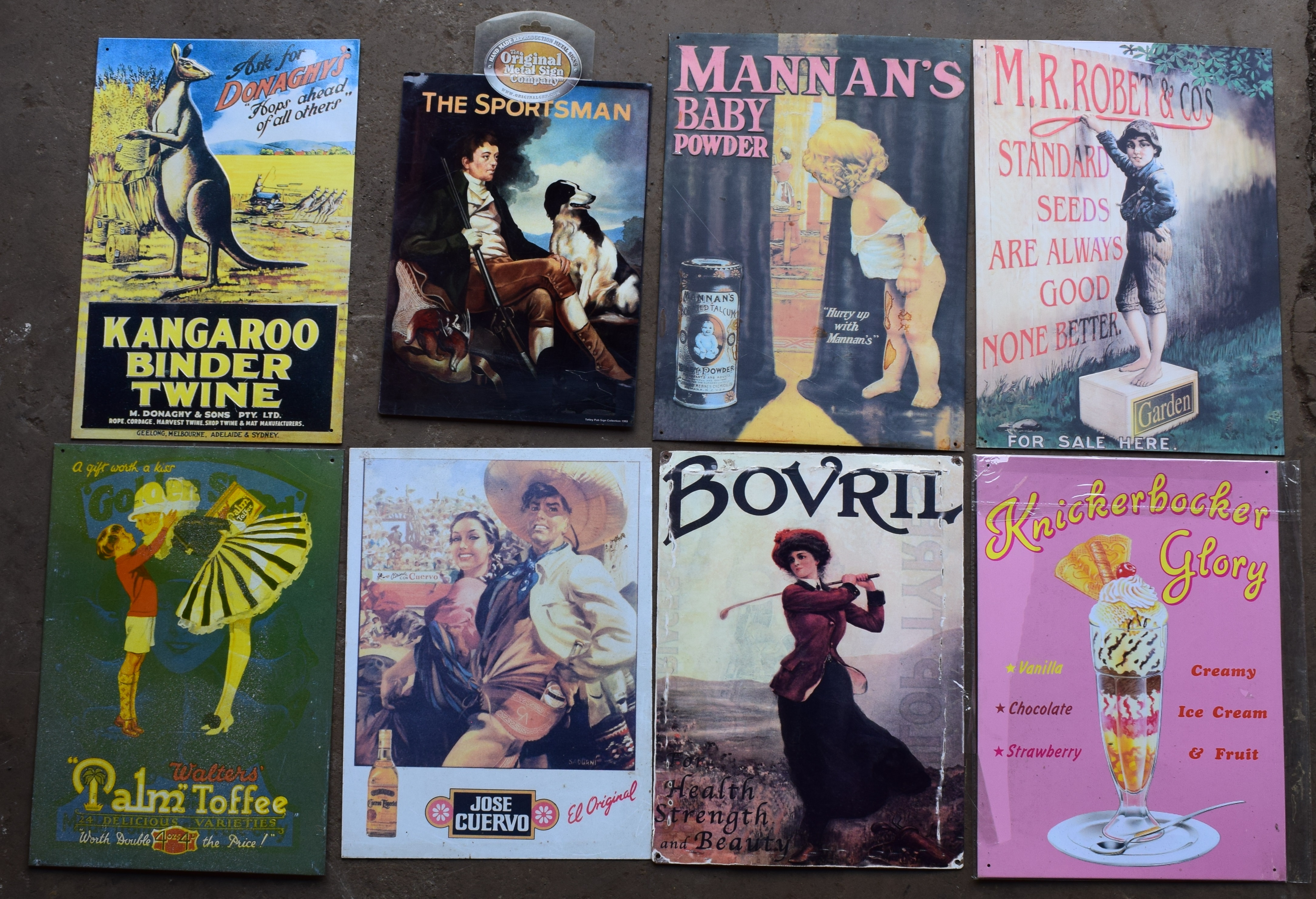 Eight metal advertising signs to include Bovril, Kangaroo Binder Twine etc, each approximately 40