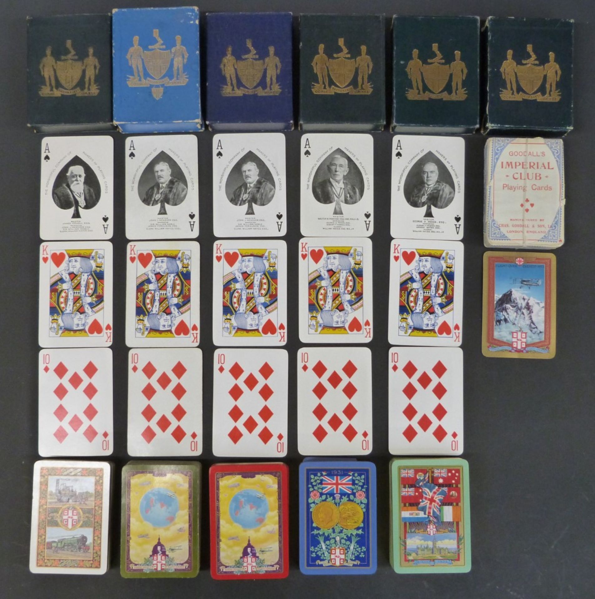 Five packs of Worshipful Company of Makers of Playing Cards playing cards, comprising 1925 centenary