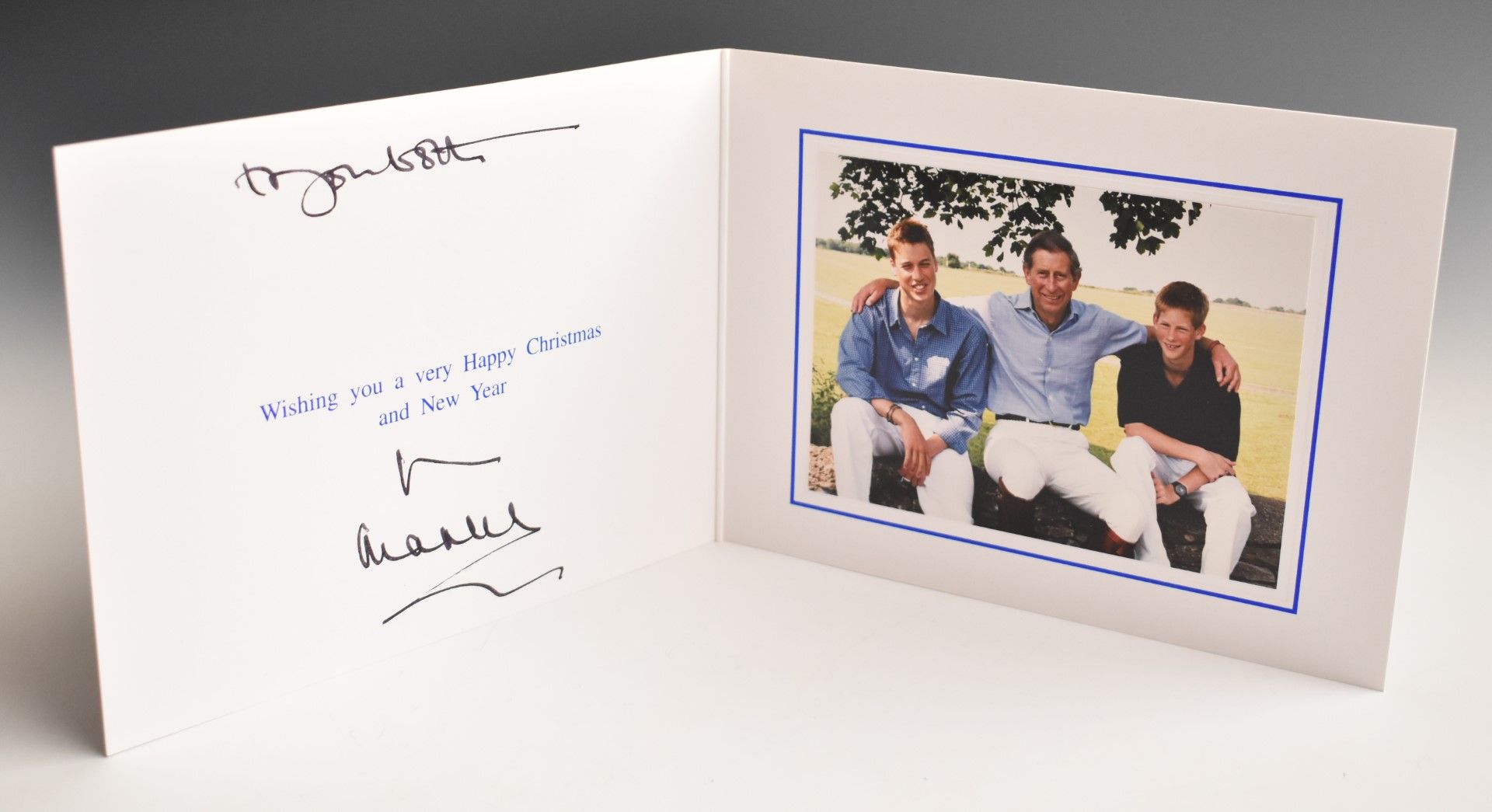 HRH Prince Charles, William and Harry signed photographic Christmas card, 15 x 20cm