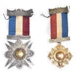 Two possibly French or continental Masonic or similar medals or orders, one marked sterling silver