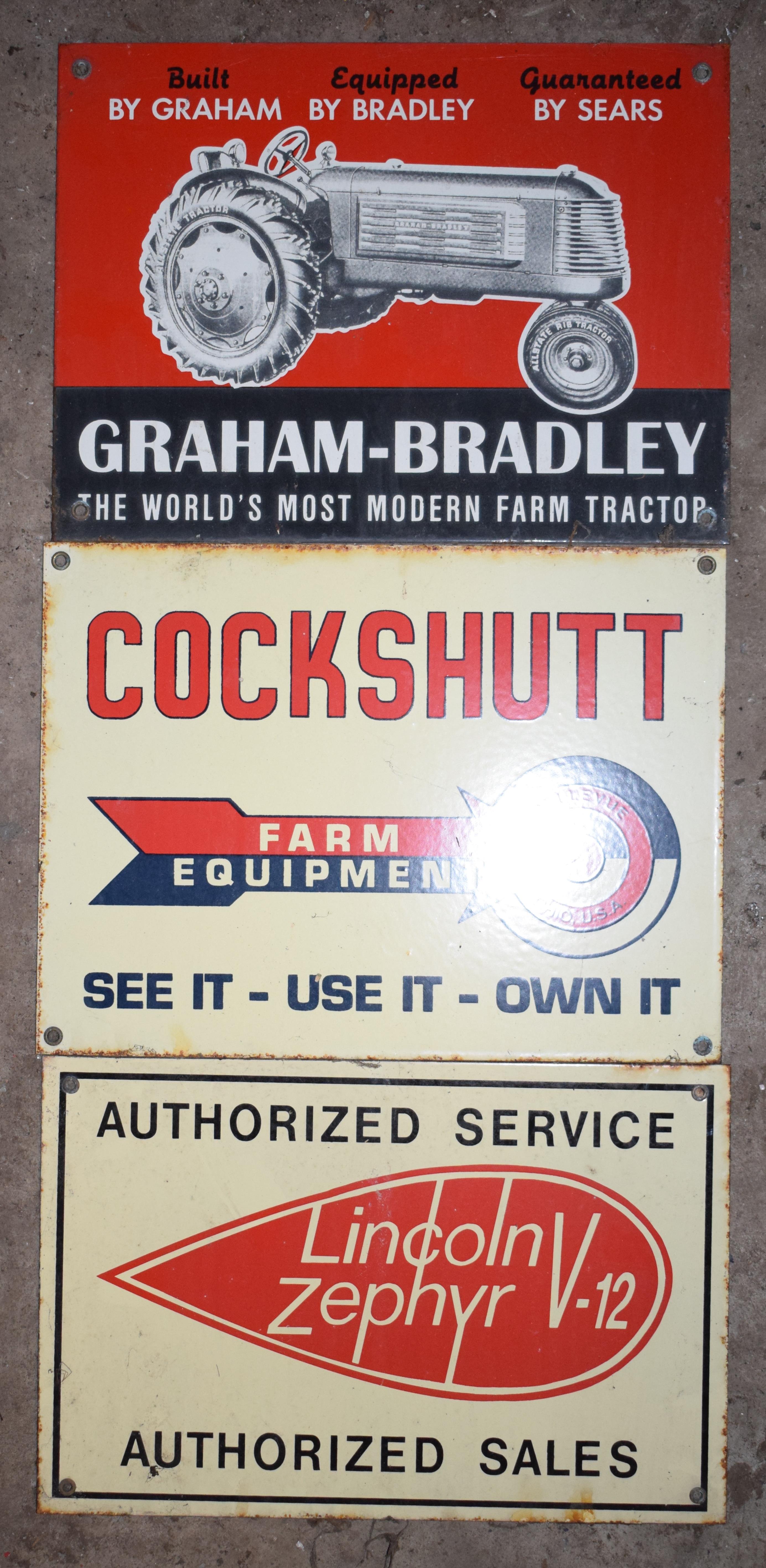 Three enamel advertising signs comprising Graham-Bradley, Cockshutt & Lincoln Zephyr, largest 23 x