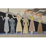 Art Deco / retro watercolour three ladies in front of ocean liner, 27 x 44cm