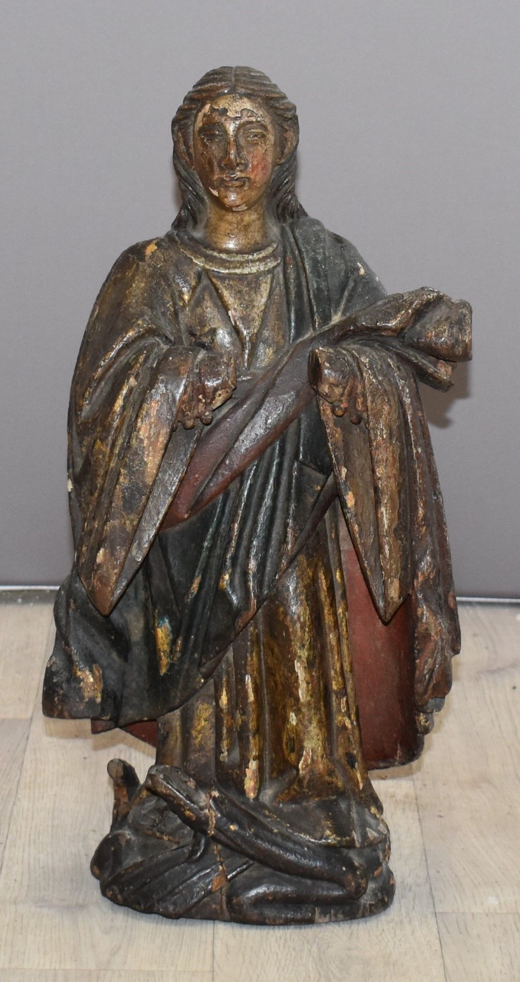 18th/19thC continental painted and gilt carved wooden figure, possibly ecclesiastical, H49cm