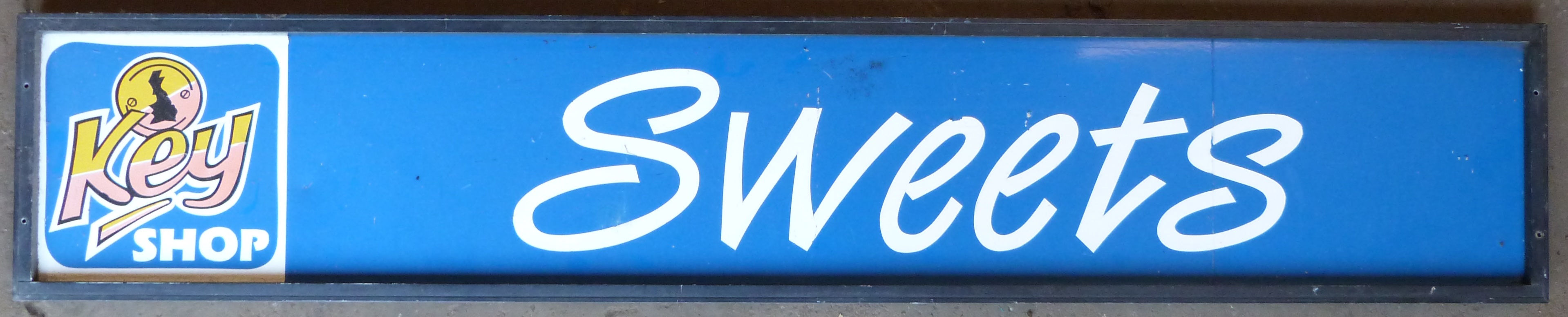 Vintage metal Key Shop Sweets sign, 31 x 165cm  PLEASE NOTE this lot is located at and will be