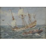 Reginald Augustus Wymer (1849-1935) watercolour of a boat being rowed to shore from a sailing