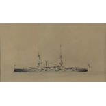 Attributed to Harold Wyllie (1880-1975), pen and ink study of a battleship, with label verso, 10 x