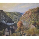 Oil on canvas landscape Brimscombe / Chalford, Stroud, Gloucestershire with steam train in valley