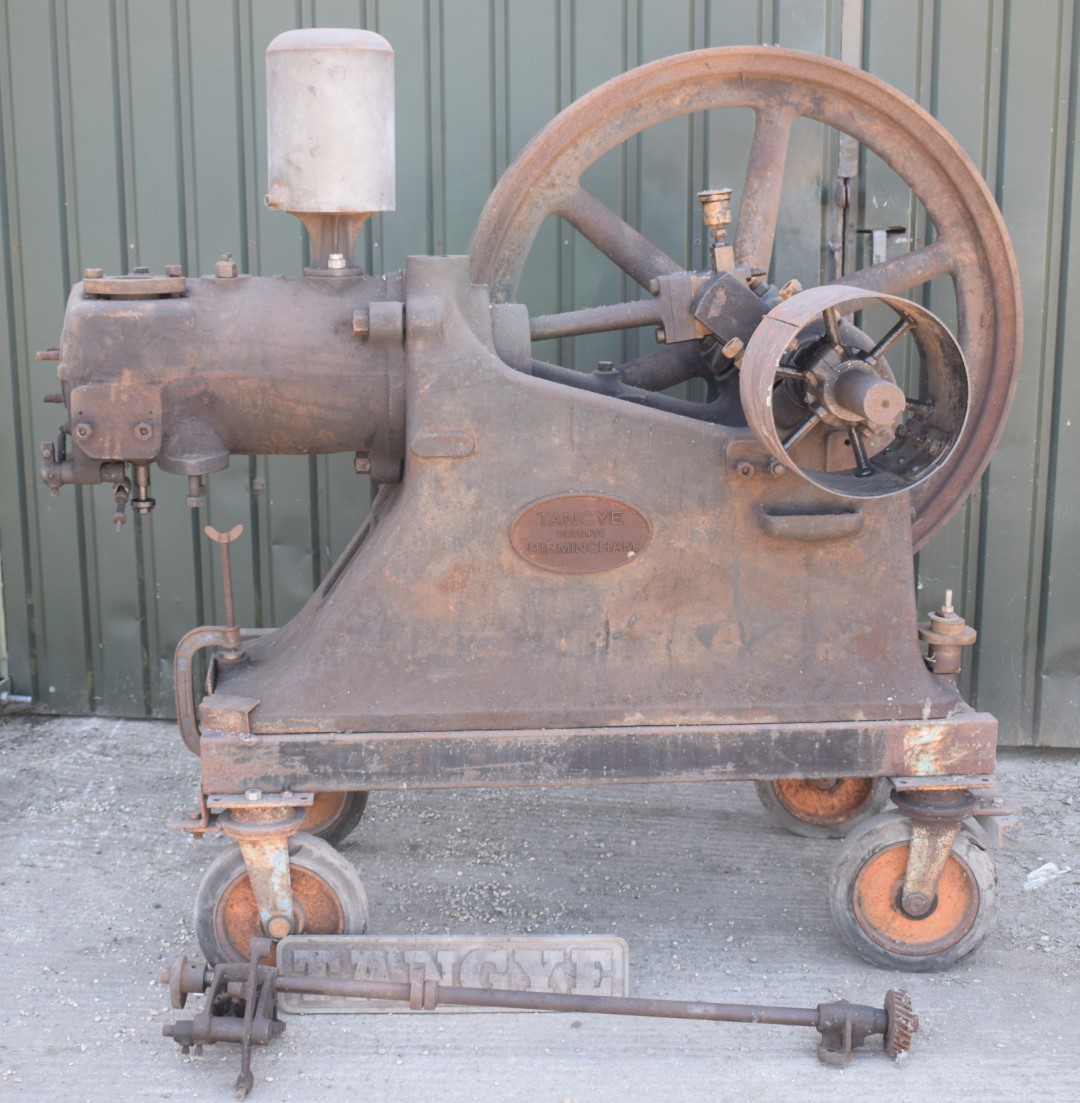 Tangye gas or oil engine with single flywheel, together with sideshaft and a cast Tangye plate