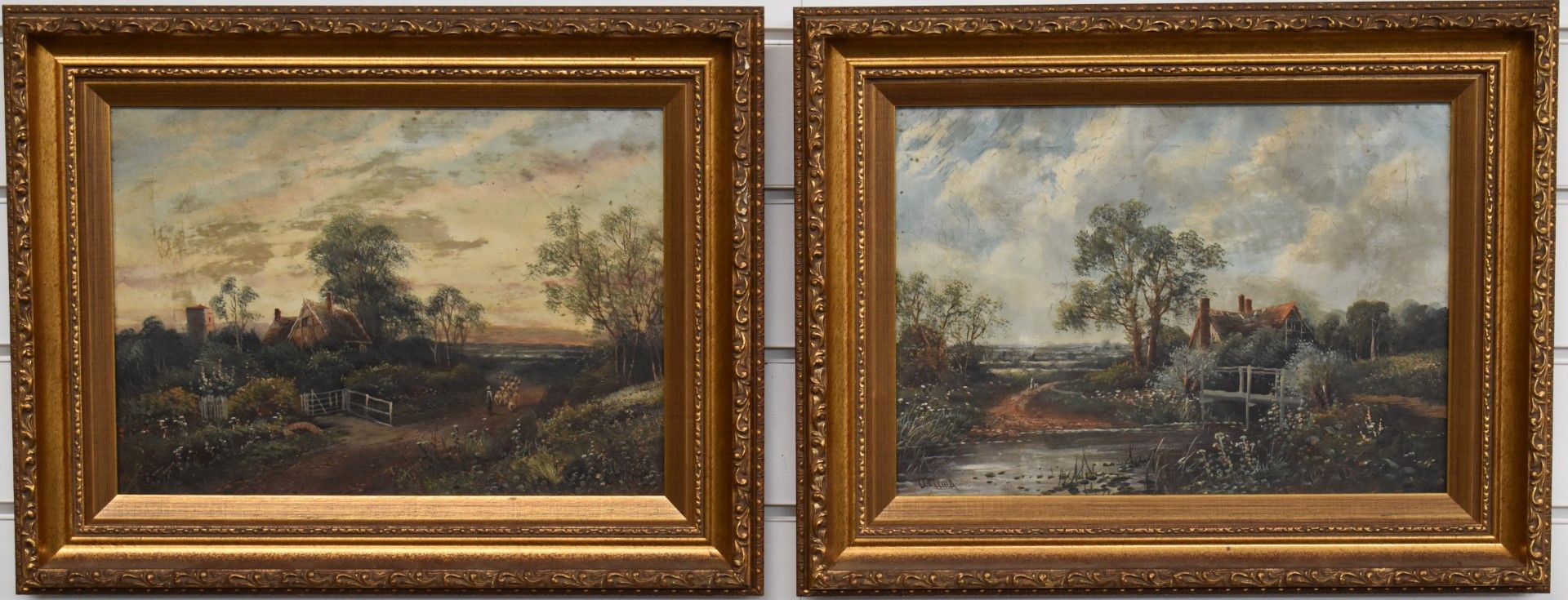 Pair of oil on canvas landscapes, both indistinctly signed, 24 x 34cm, in gilt frames