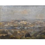 T Ritchie oil on board continental landscape with hillside village, signed lower left, 29 x 39cm, in