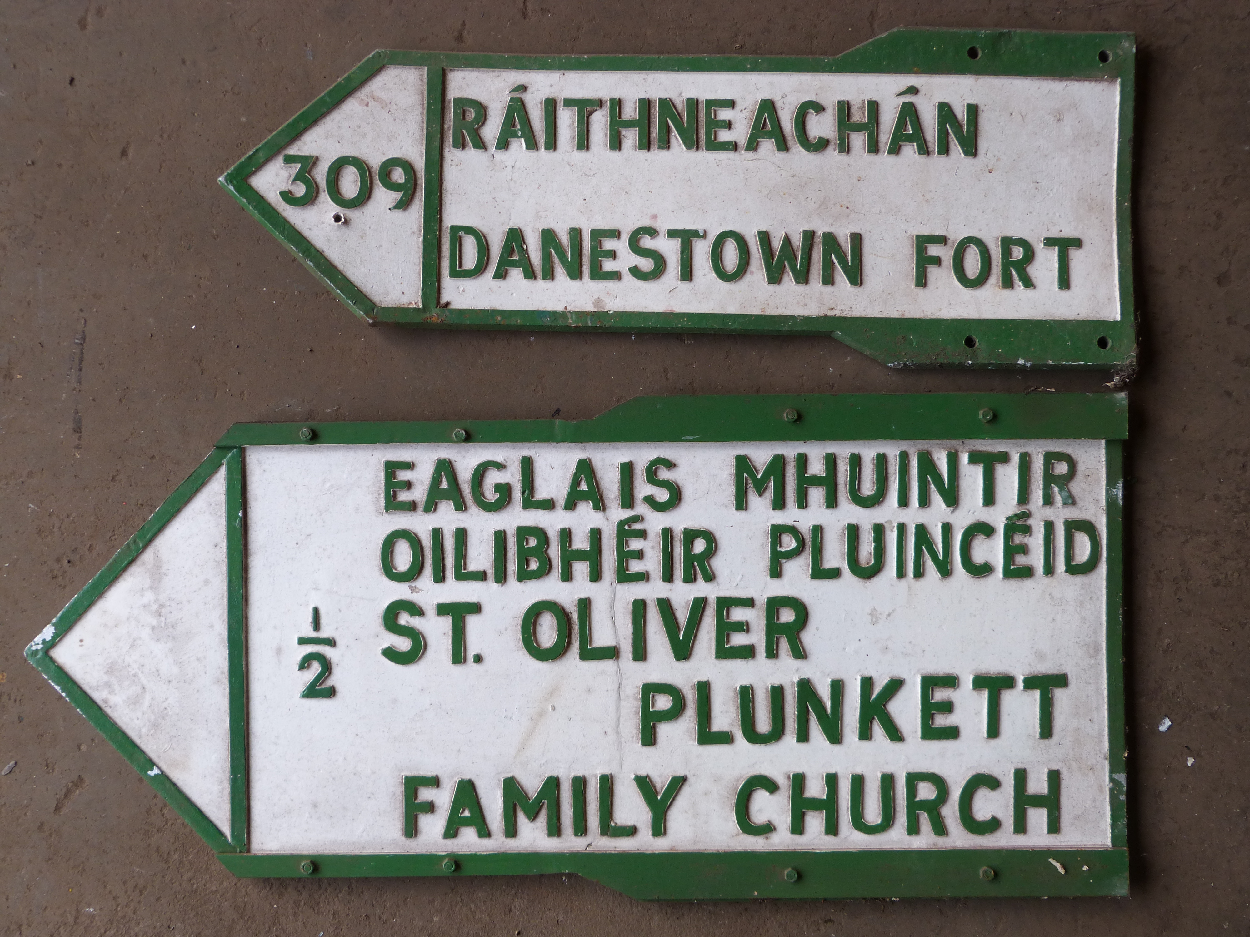 Two vintage Irish double sided cast aluminium signs comprising St. Oliver Plunkett family church & - Image 2 of 2