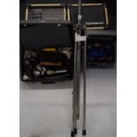 Torque pair of speakers, speaker stand and a selection of five cased microphones including Shure