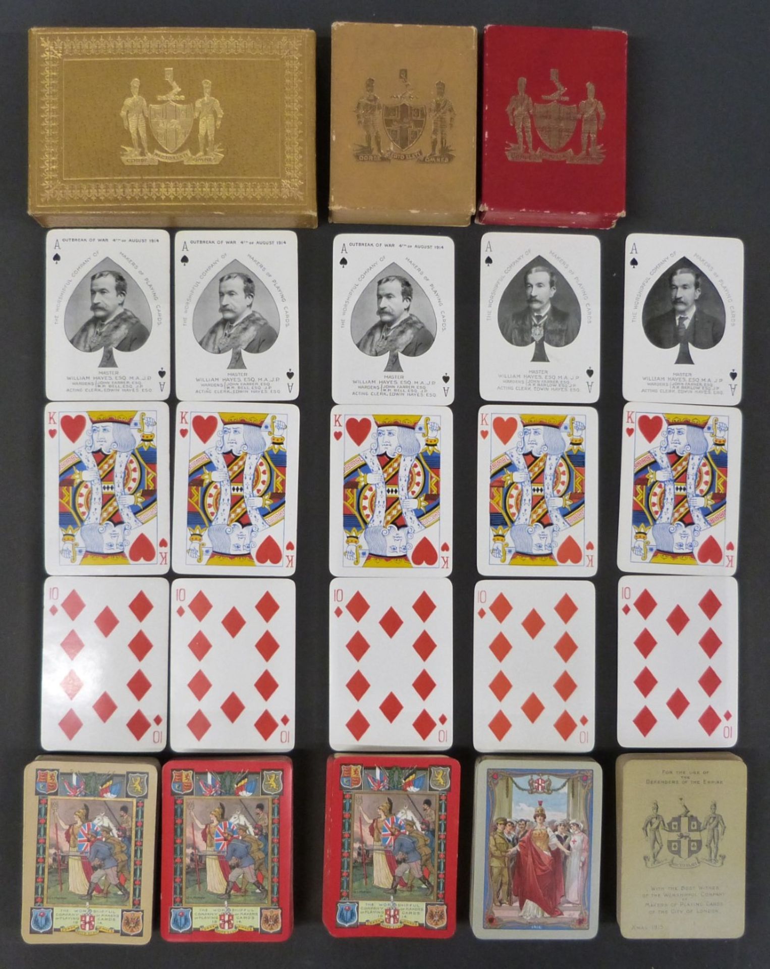 Five packs of Worshipful Company of Makers of Playing Cards playing cards of WW1 interest comprising