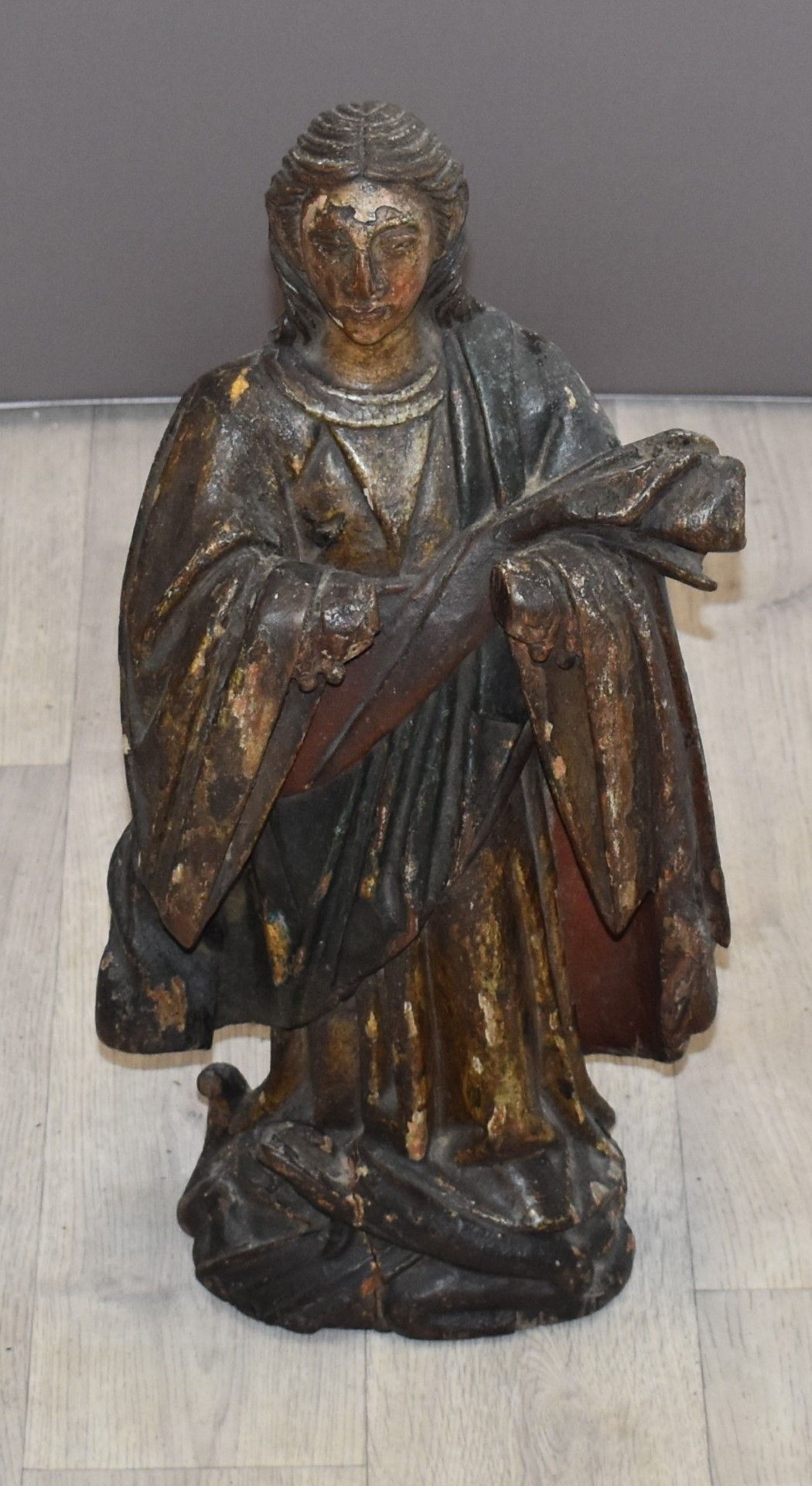 18th/19thC continental painted and gilt carved wooden figure, possibly ecclesiastical, H49cm - Image 2 of 2