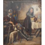 19th or early 20thC oil on board knight with lady, indistinctly signed lower right possibly I Pomin,