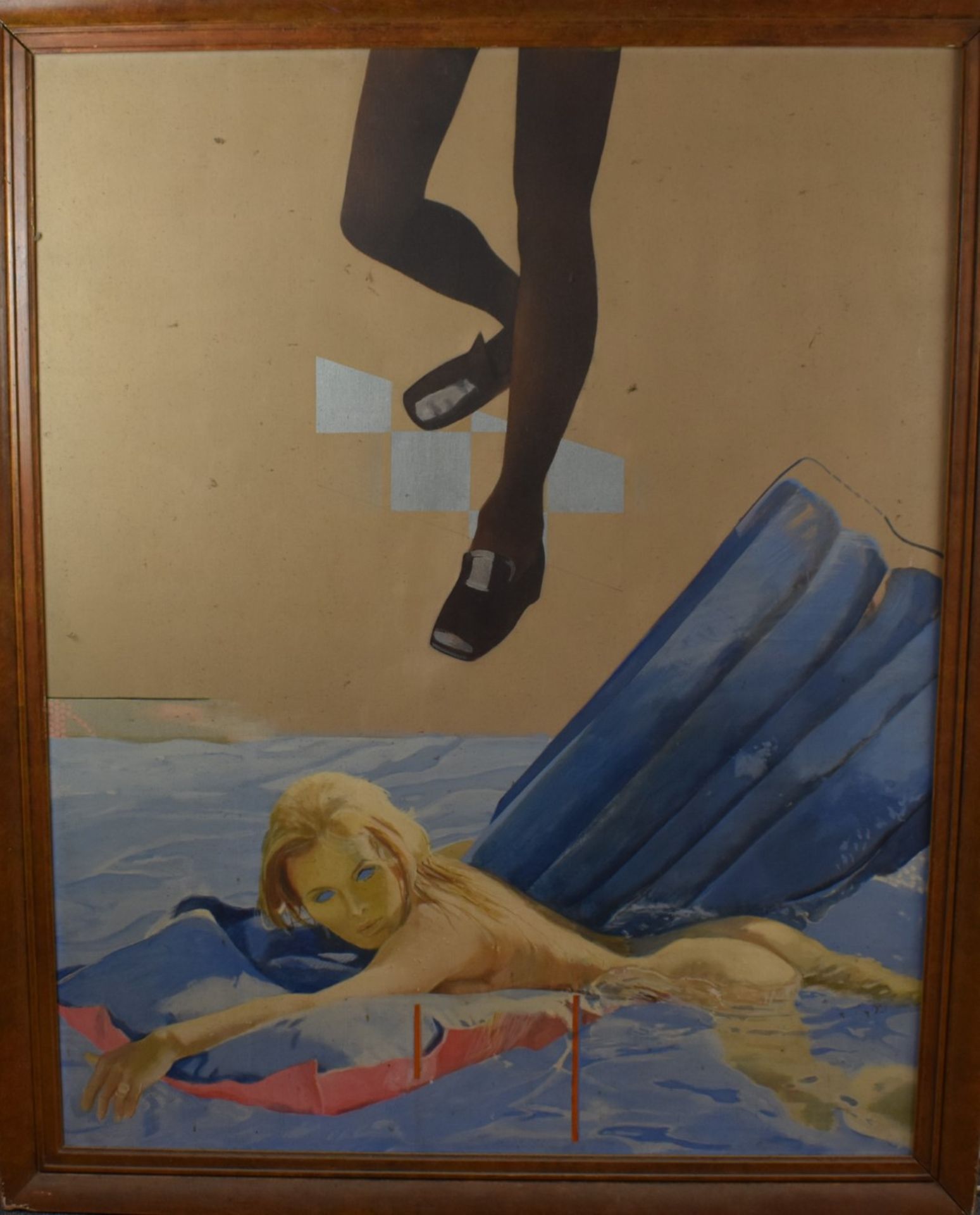 Oil on canvas nude girl on lilo with pair of legs on the poolside, in the style of Hockney, 150 x - Image 2 of 3