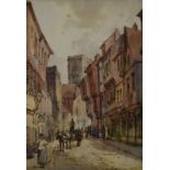 19thC watercolour street scene with church or cathedral beyond, indistinctly signed lower right,