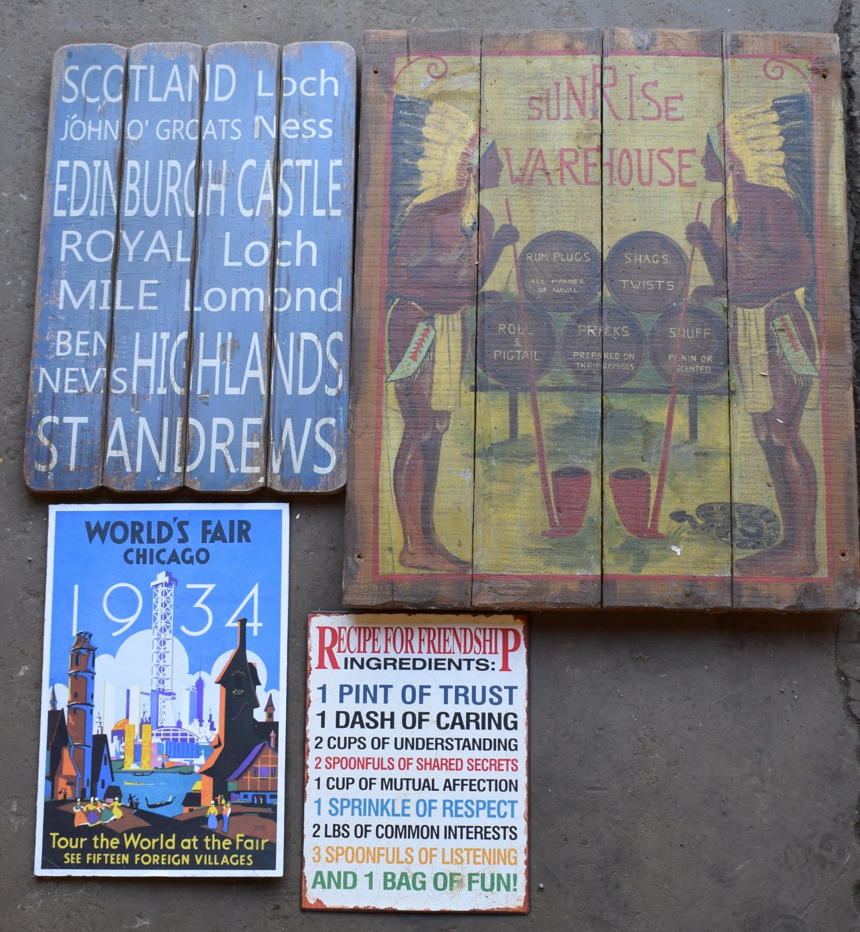 Four signs including wooden painted Sunrise warehouse, Scotland etc, largest 75 x 61cm PLEASE NOTE