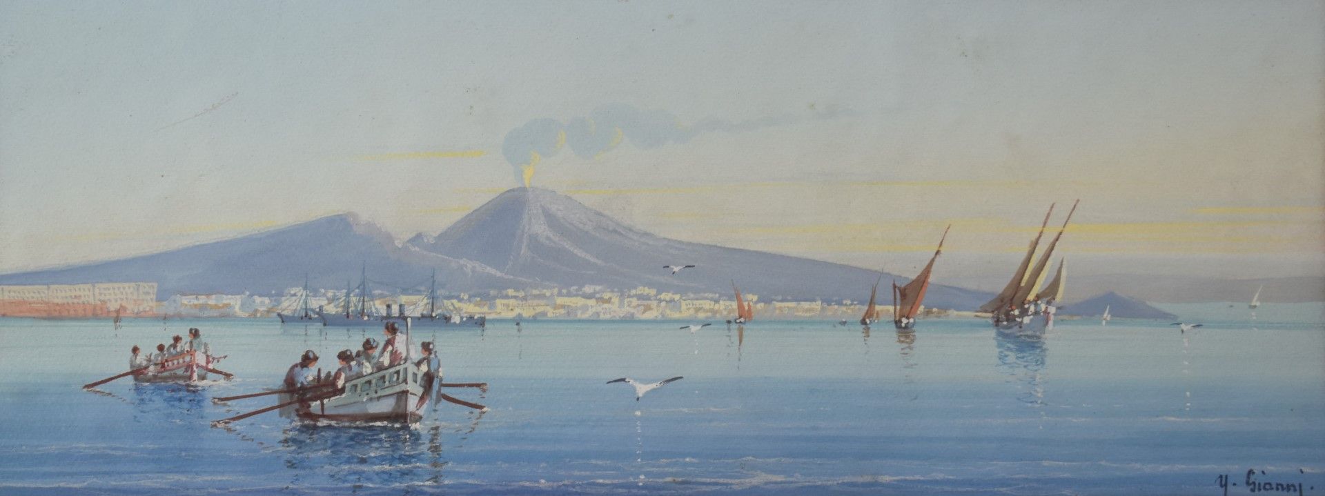Y. Gianni watercolour/gouache Mount Vesuvius and the Bay of Naples, signed lower right 12 x 31cm, in