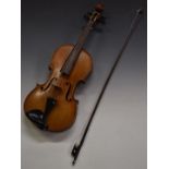 20thC unlabelled violin with 36cm two-piece flame back, bow and fitted Glaesel French bridge, in