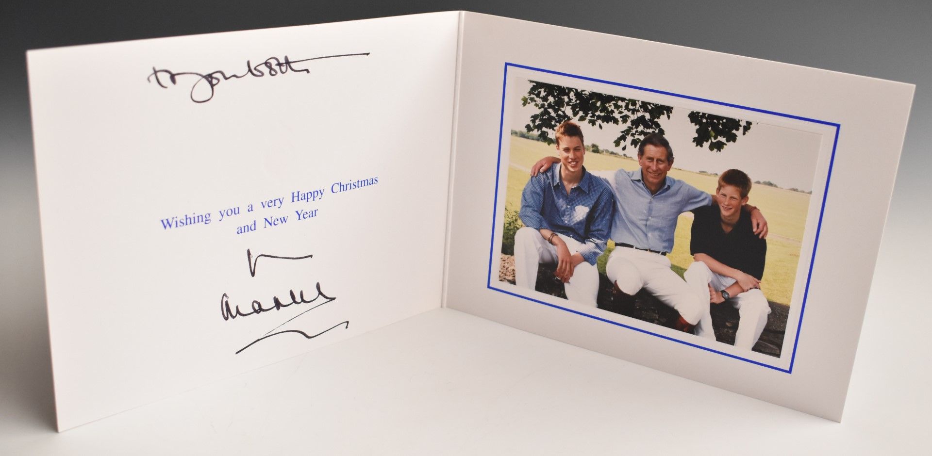 HRH Prince Charles, William and Harry signed photographic Christmas card, 15 x 20cm - Image 2 of 5