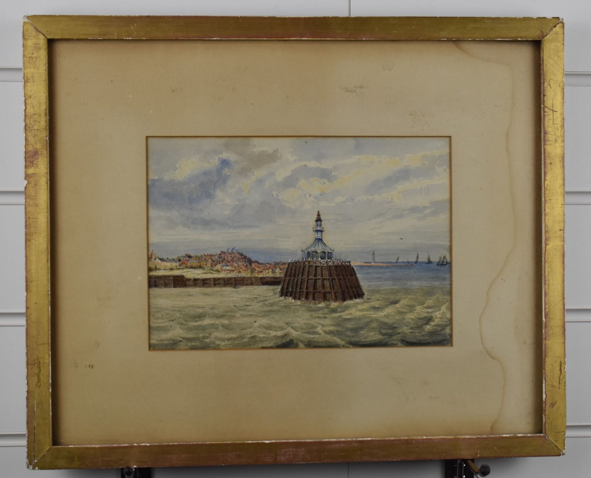 19thC watercolour maritime scene, Lowestoft from the Pier 1866, with label verso, 17 x 25cm, in gilt - Image 2 of 4