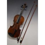 19thC violin with single piece 36cm back, pencilled signature inside 'repaired by J Warden junior