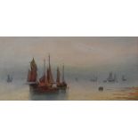T. Montimen maritime watercolour sailing ships in a calm sea, signed lower left, 21 x 51cm, in oak