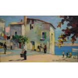C R D'Oyly John (1906-1993) oil on canvas coastal town titled verso 'Cap Ferrat near Monte Carlo'