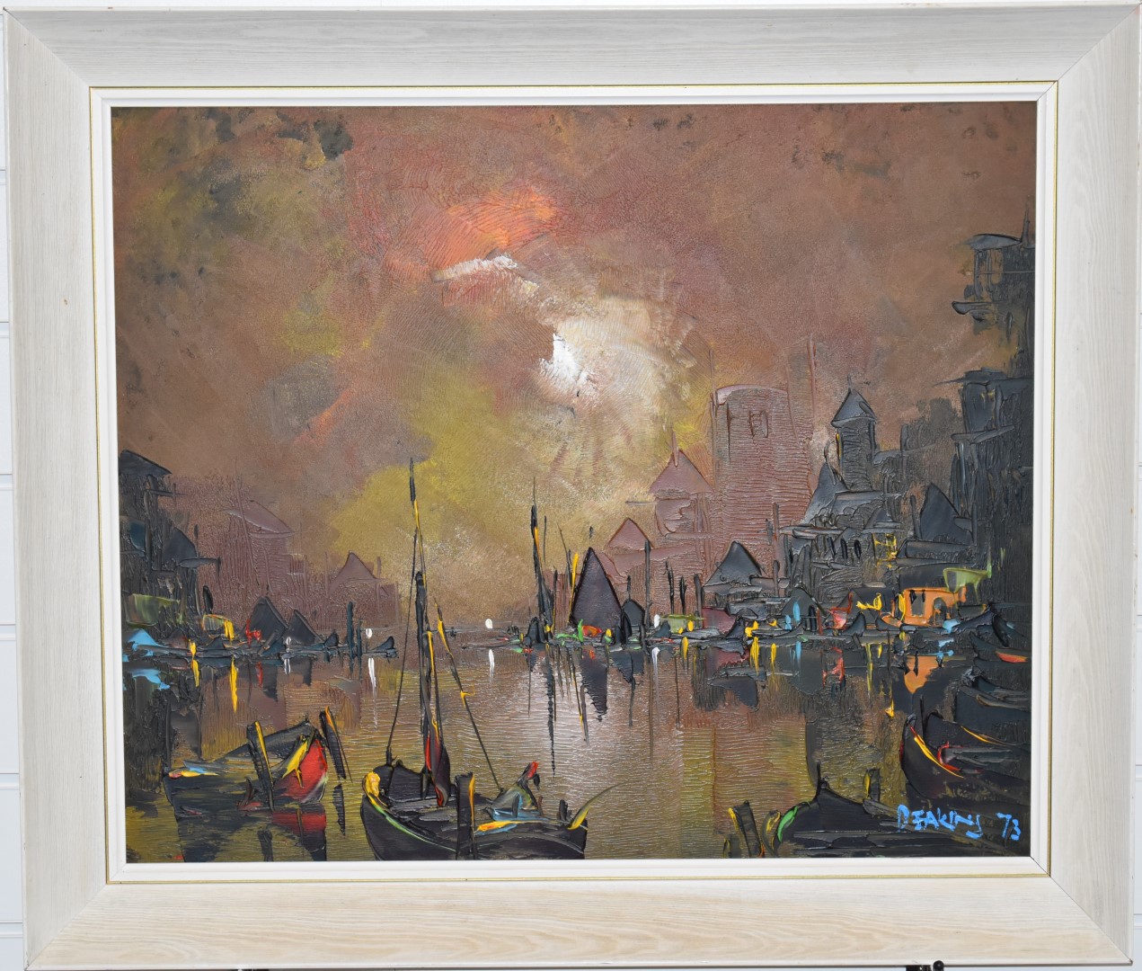 George Richard Deakins (1911-1982) oil on canvas boats in harbour, signed and dated 73 lower - Image 2 of 4