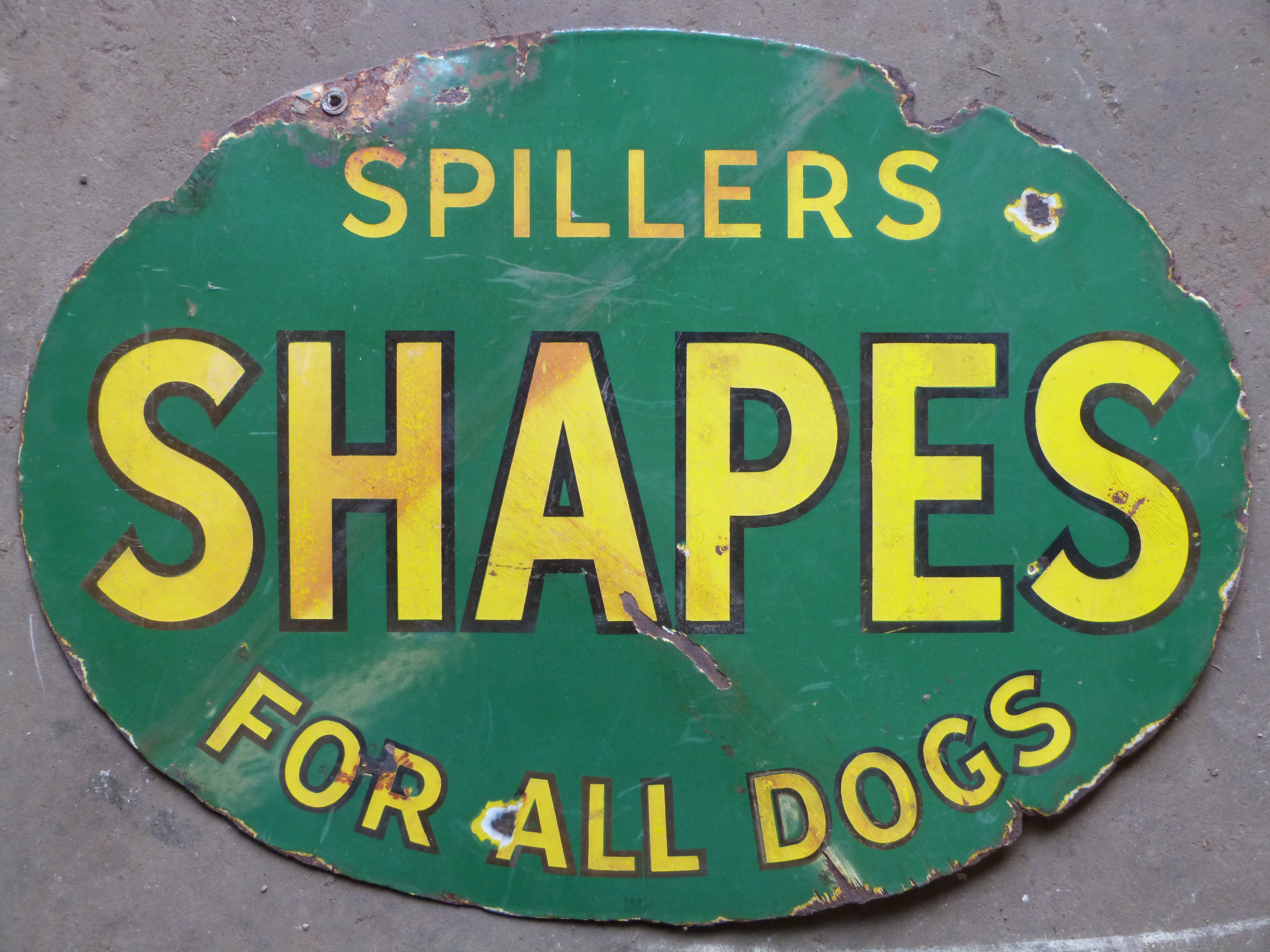 Vintage enamel advertising sign 'Winalot - the dog's wholemeal food' verso 'Spiller Shapes for all