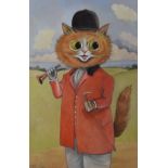 In the manner of Louis Wain novelty portrait of a cat dressed ready to go riding, with crop and horn