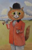 In the manner of Louis Wain novelty portrait of a cat dressed ready to go riding, with crop and horn