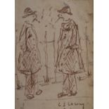 Laurence Stephen Lowry (1887-1976) pen and ink sketch two men smoking in front of railings, signed