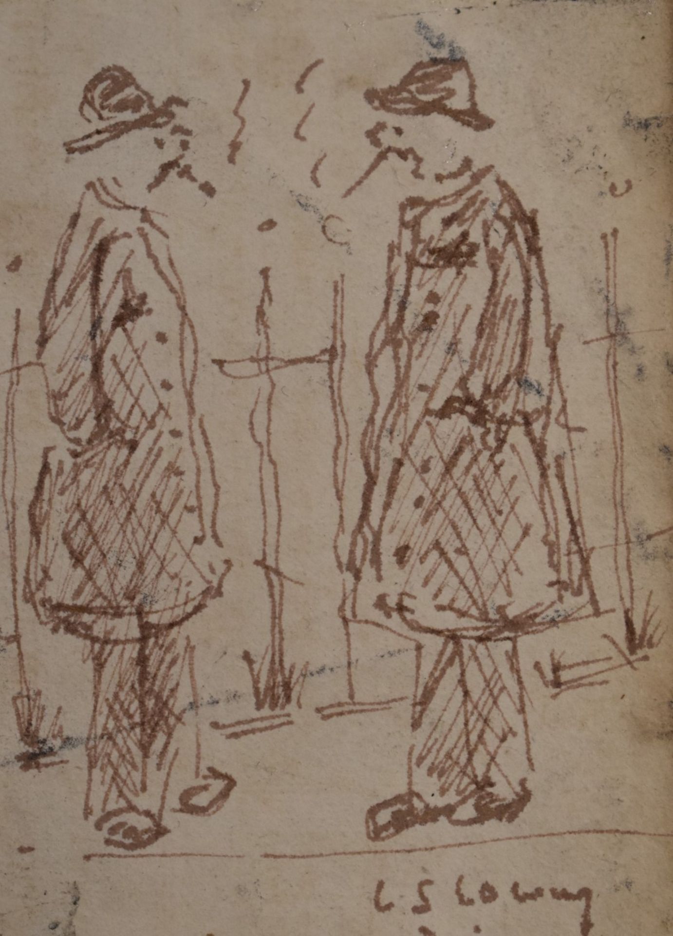 Laurence Stephen Lowry (1887-1976) pen and ink sketch two men smoking in front of railings, signed