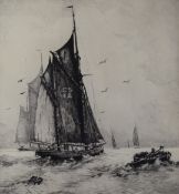 H P Evans signed etching of fishing boats with oarsman setting the net, marked CS 12 to sail for